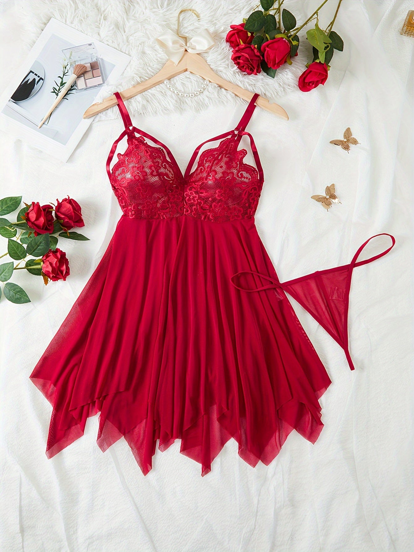 Women's Floral Lace Nightdress with Mesh Contrast V-Neck Backless Asymmetric Hem and Thongs