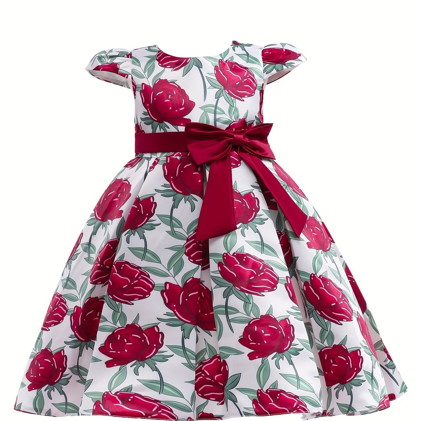 Girls Floral Print Midi Dress with Bowknot and Lace-up Details for Elegant Kids