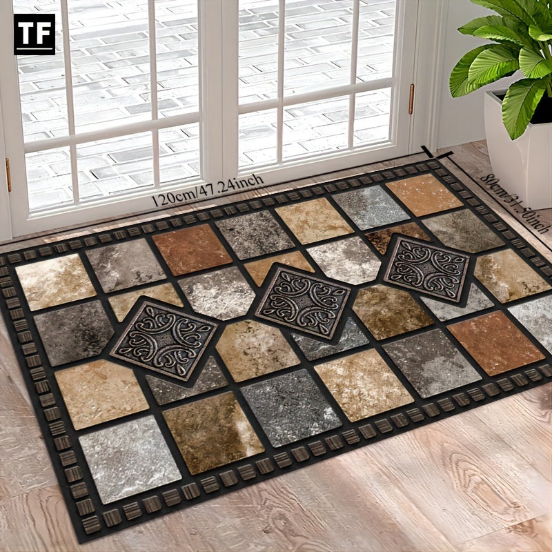 Antique Geometric Stone Tile Carpet Non-slip Area Rug for Living Room Bedroom Kitchen