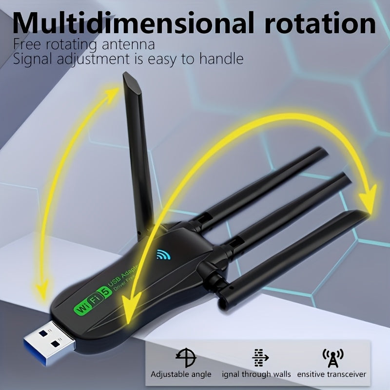 Dual-Band Wi-Fi Adapter 1300Mbps USB 4 Antennas Wall Penetration Low Latency