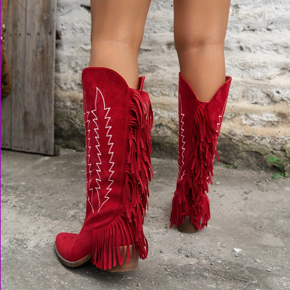 Women's Red Embroidered Western Cowboy Boots with Fringe and Block Heel