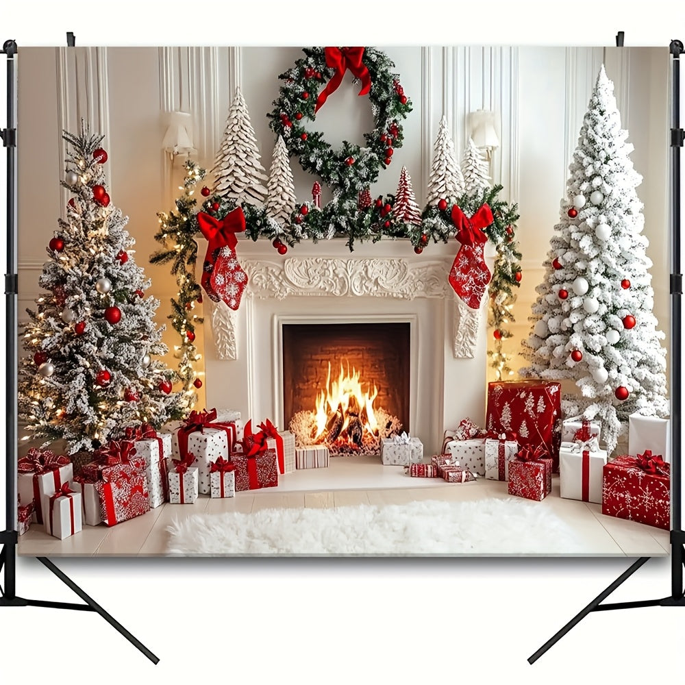 Christmas Fireplace Backdrop Polyester Holiday Photo Booth Decor