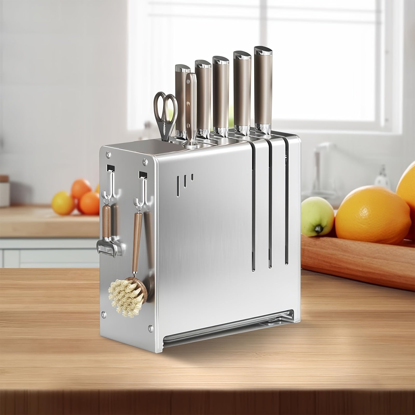Stainless Steel Knife Block with Sharpener and Scissor Holder Countertop Organizer