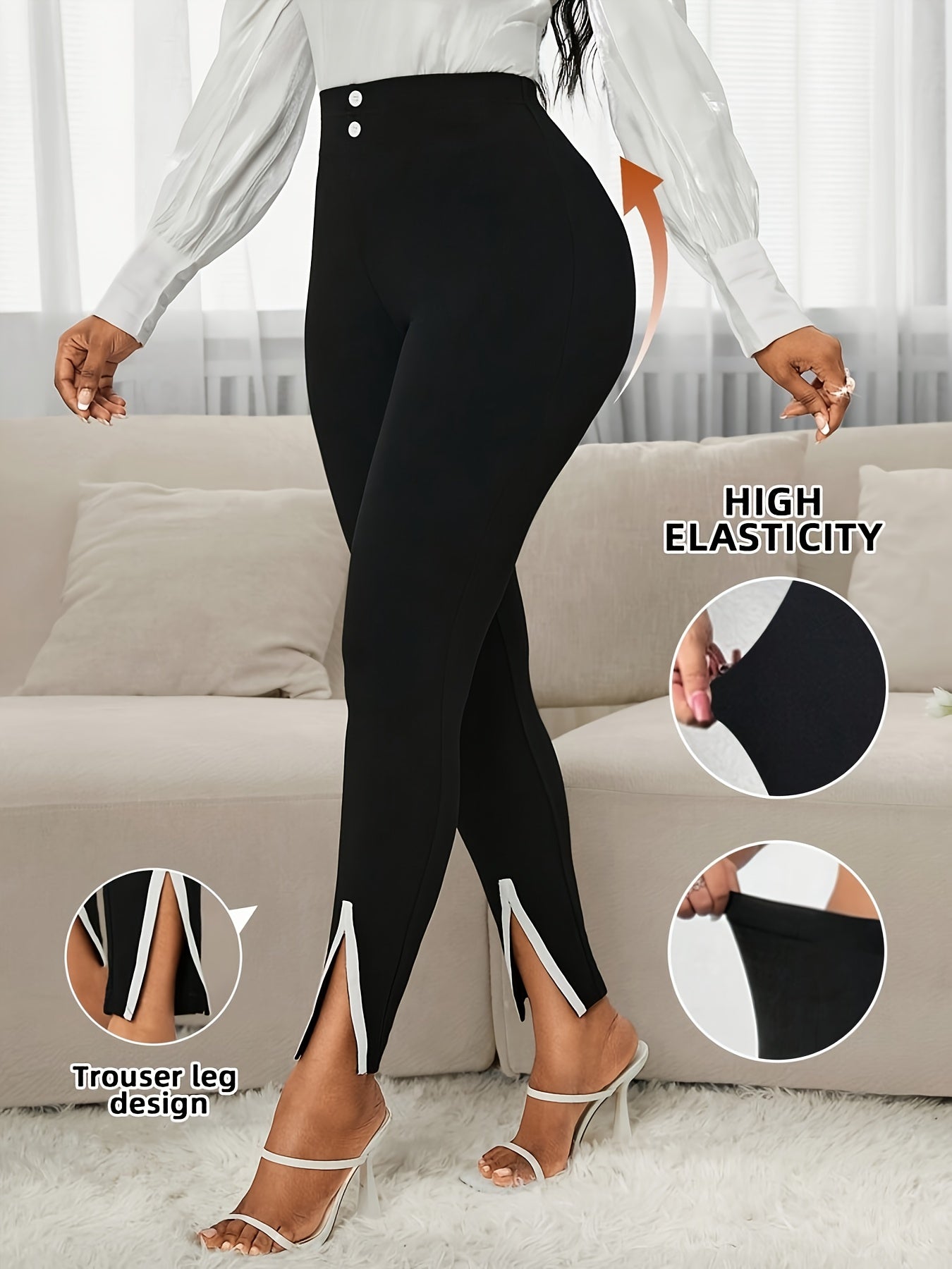 Leggings de talla grande para mujer de cintura alta con abertura en el muslo y detalles en blanco