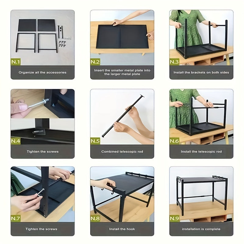 Расширяемая полка для микроволновки с крючками, органайзер для хранения на столешнице из углеродистой стали