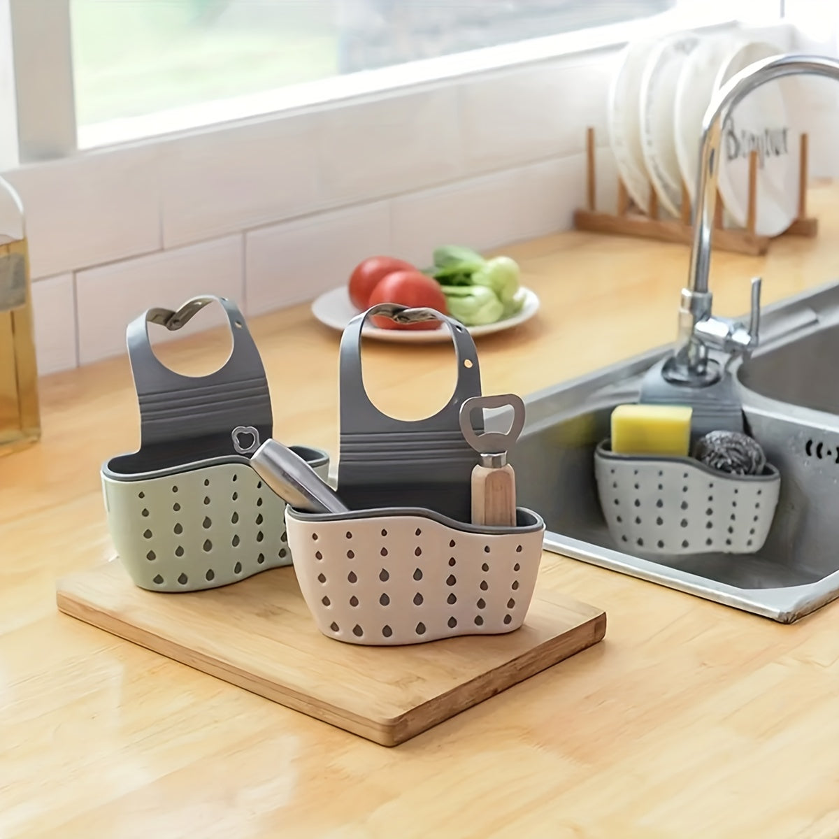 Multifunctional Kitchen Sink Drain Basket Rack Extendable Dish Drying Organizer