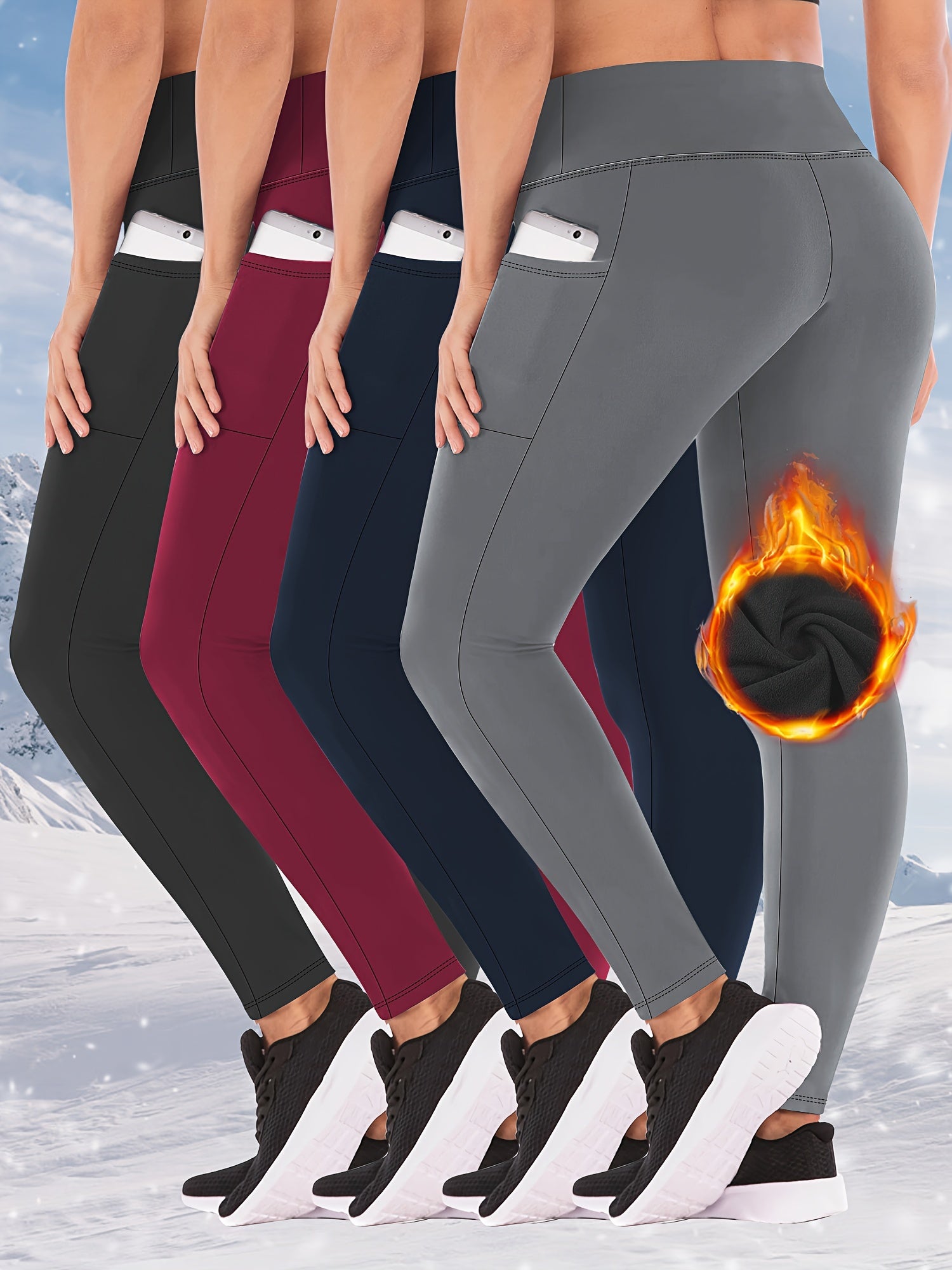 Leggings de cintura alta con forro de felpa y bolsillos para otoño/invierno