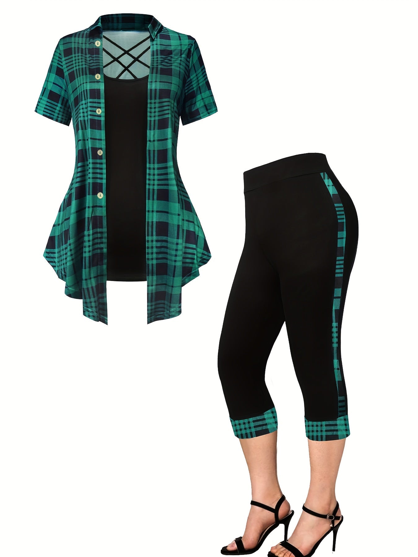Plus Size V Neck Short Sleeve Top and Plaid Capris Pants Loungewear Set in Polyester