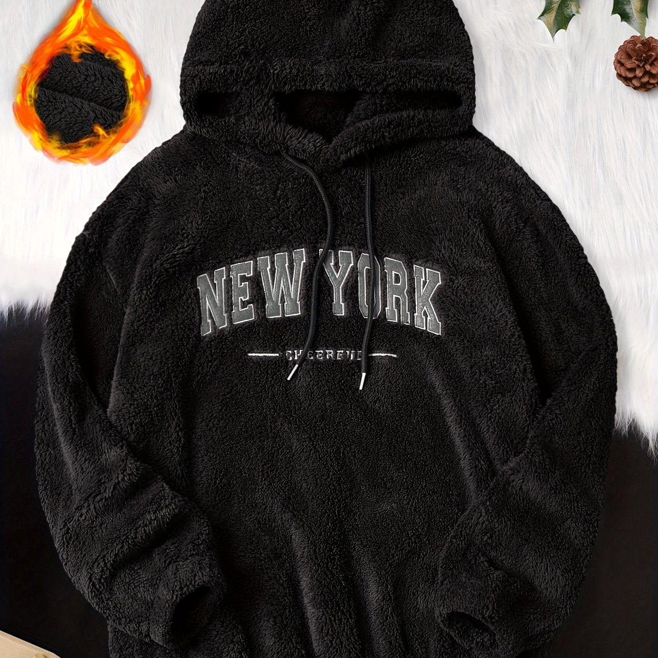 Men's Fleece Hoodie with Drop Shoulder Embroidered New York Winter Fall Back to School