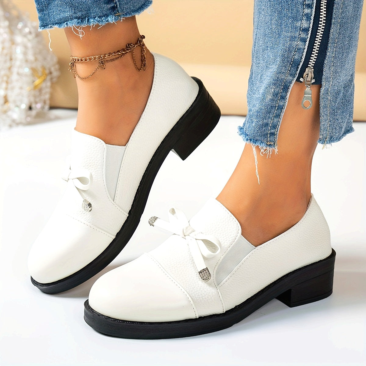 Women's Casual Leather Ballet Flats with Bow and Heel