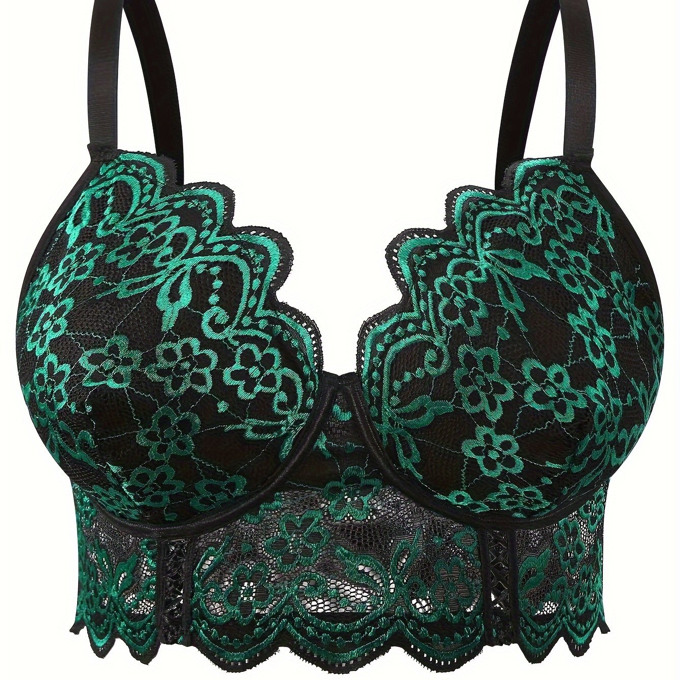 Plus Size Women's Jacquard Lace Front Closure V-Neck Bra Black Green Floral