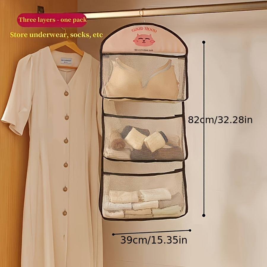 3-Tier Hanging Wardrobe Organizer Mesh Storage Rack for Socks Underwear Closet Space Saver