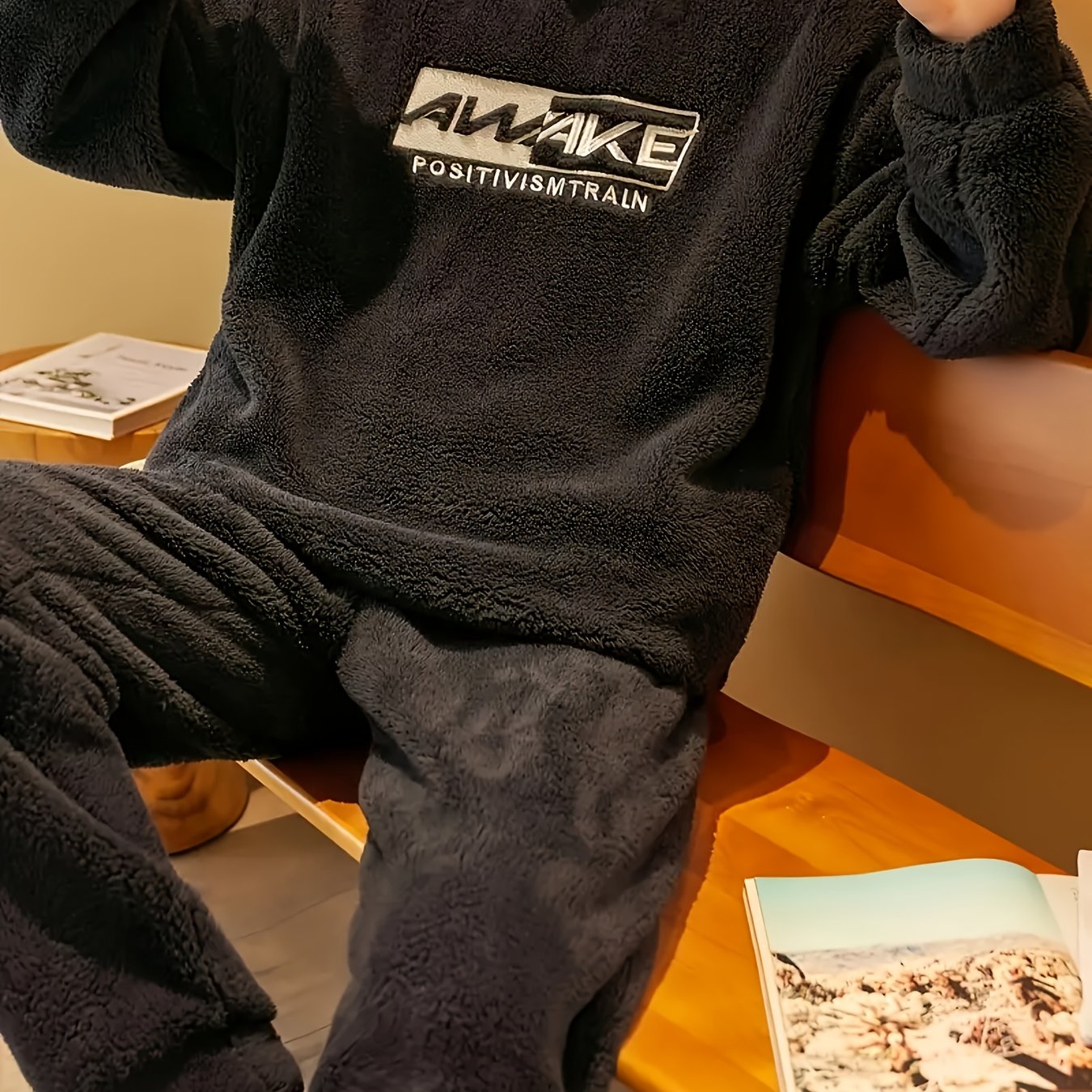 Men's Casual Pajama Set with Flannel Hoodie Top and Loose Pants for Fall Winter