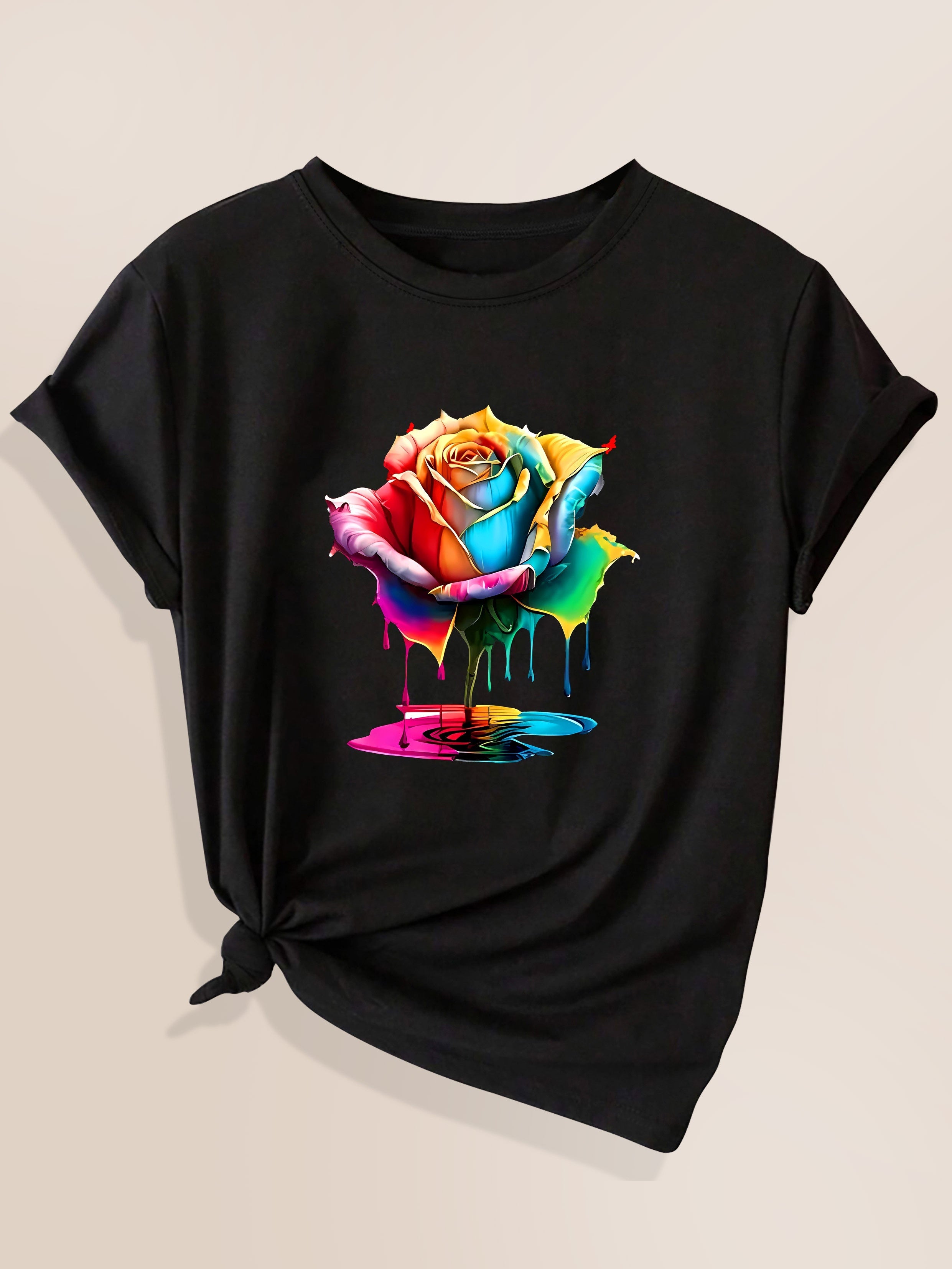Plus Size Women’s Rainbow Rose Print Casual Sporty T-Shirt Oversized Short Sleeve