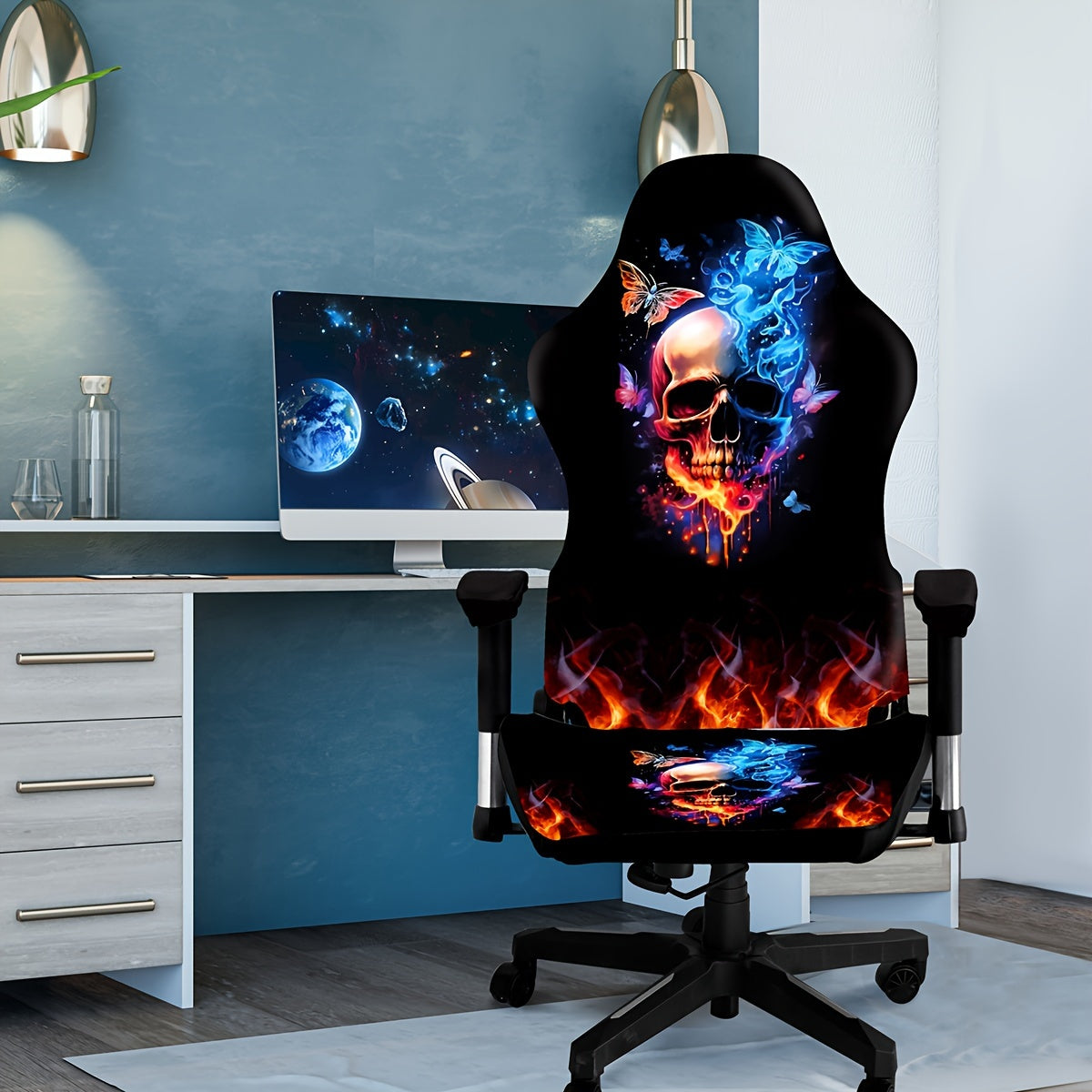 Stretchable Gaming Chair Cover with Eclectic Skull Digital Print Made of Milk Fiber Fabric