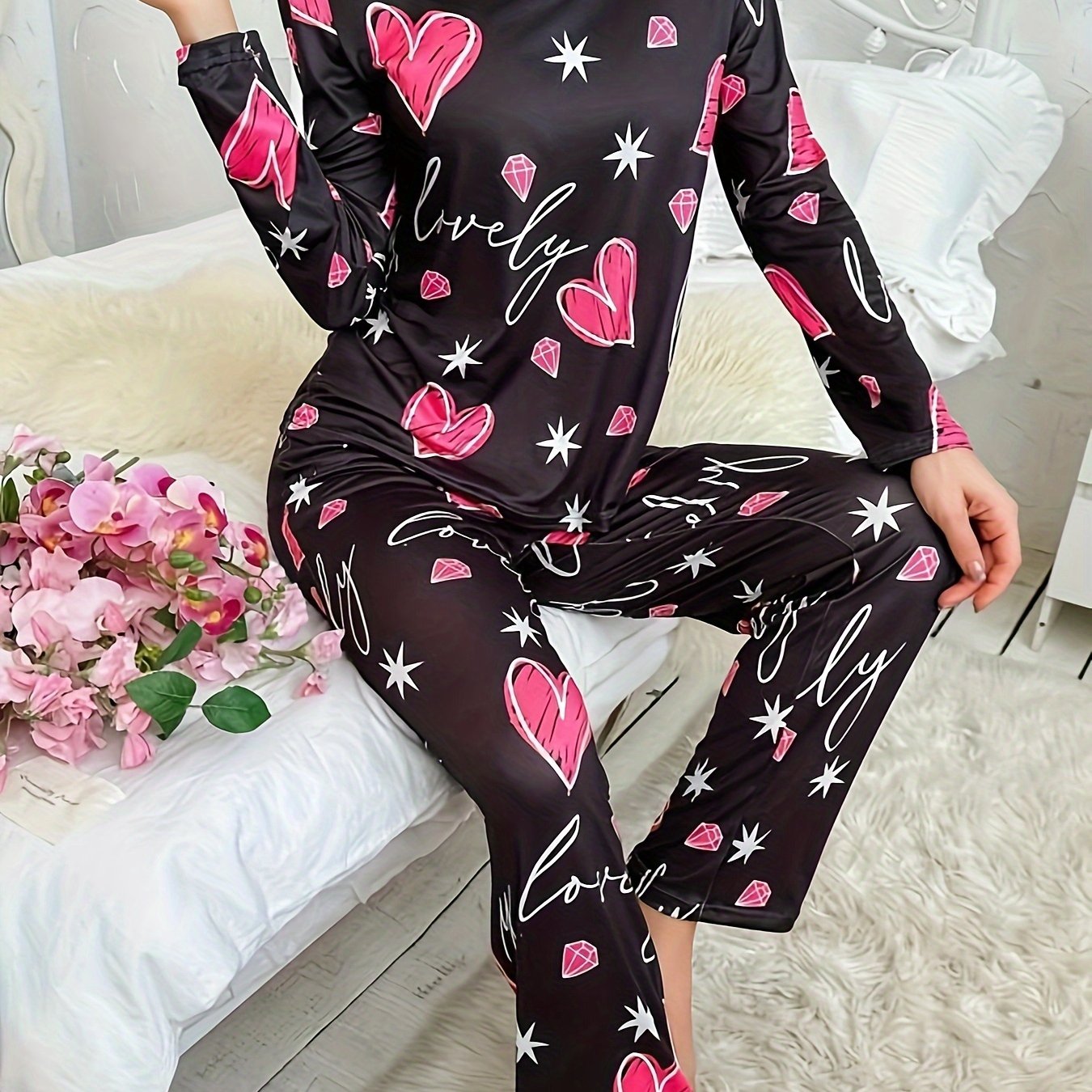 Women's Heart and Diamond Print Lounge Set Long Sleeve Top and Pants Casual Loungewear
