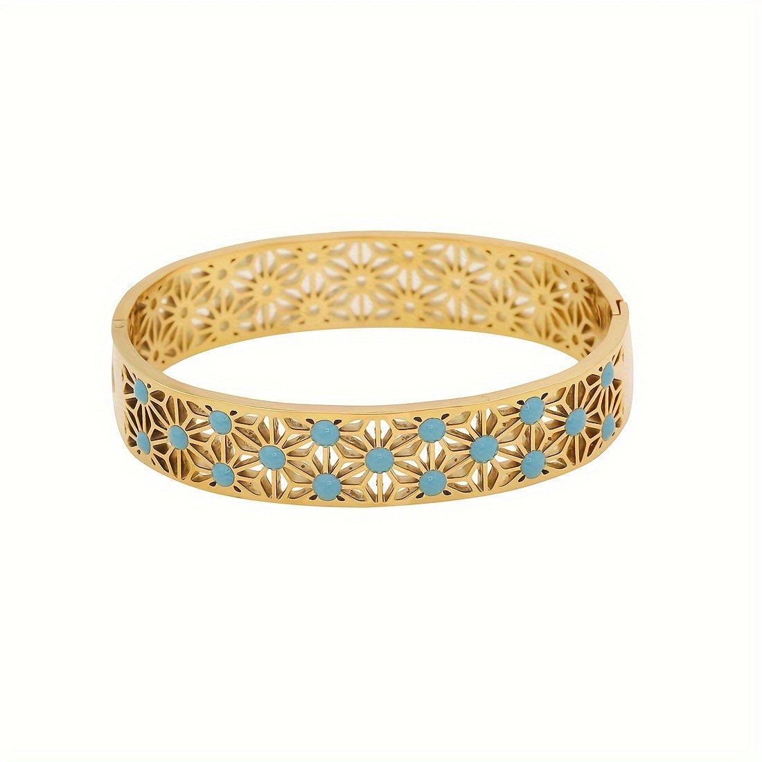 Women's Vintage Style 18K Gold Plated Stainless Steel Bracelet with Turquoise Inlay and Hollow Pattern