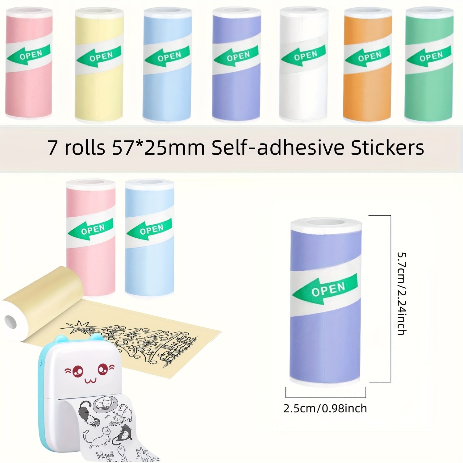 Colorful Adhesive Sticker Rolls 57x25mm Glossy Compostable for Mini Printers Photos Memos