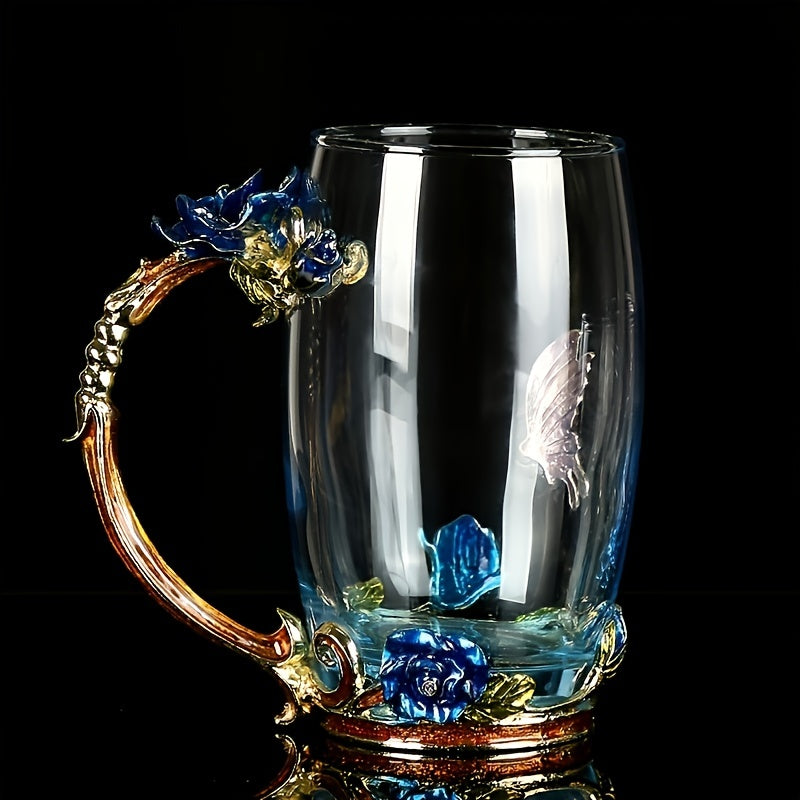 Enamel Crystal Tea Cup with Butterfly and Rose Design Includes Spoon Clear Glass