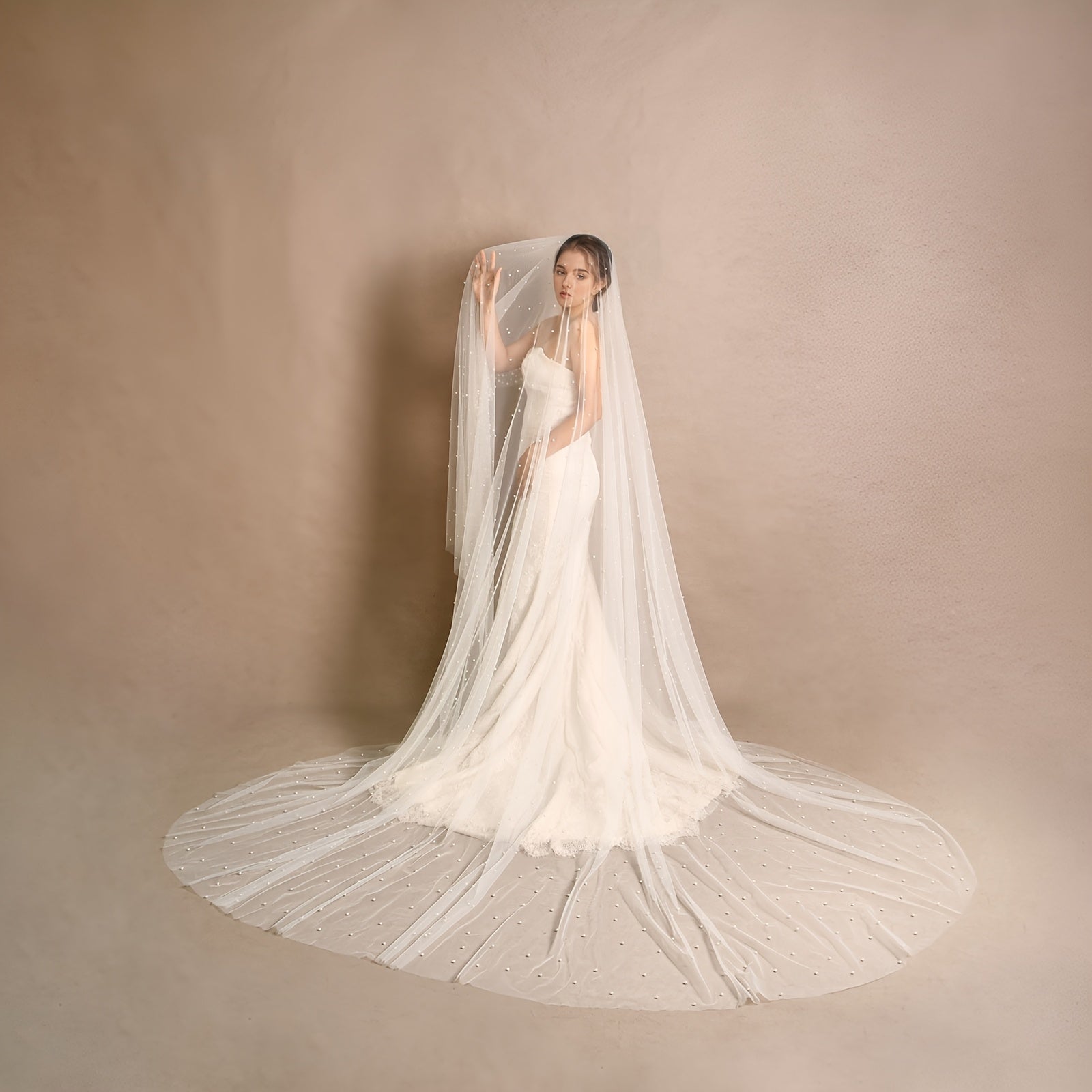 Bridal Veil Cathedral Length Faux Pearl Accents Nylon Wedding Accessory