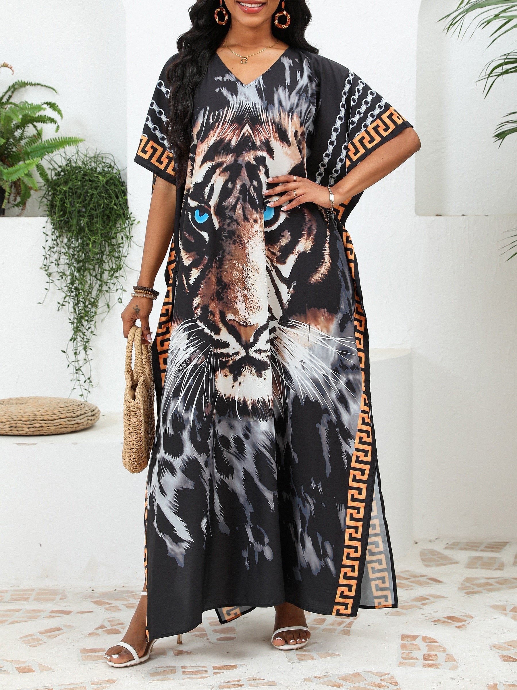 Plus Size Tiger Print V-Neck Boho Cover Up for Fall and Winter Beach Vacations