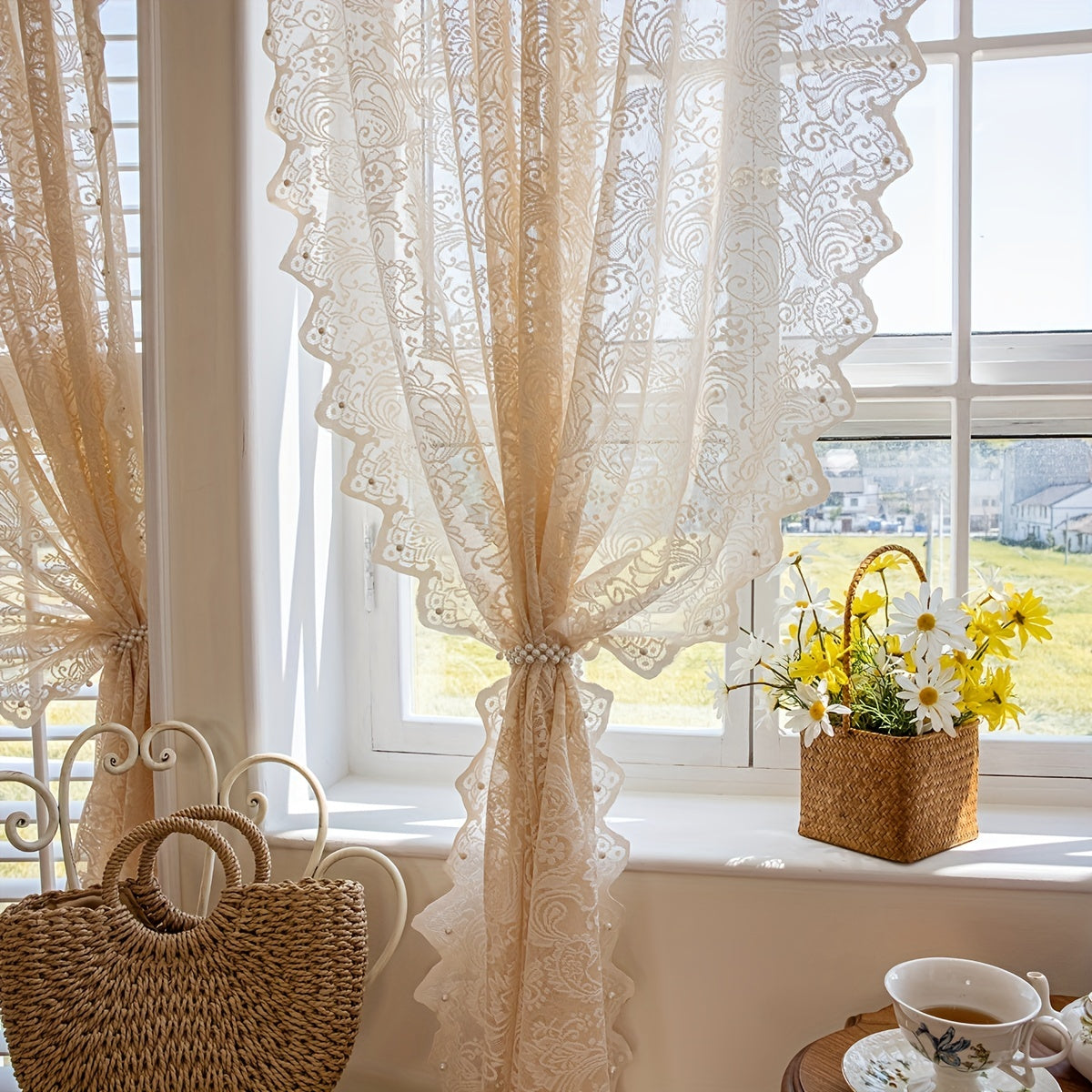French Country Lace Sheer Curtain with Floral Design, Light Filtering, Rod Pocket