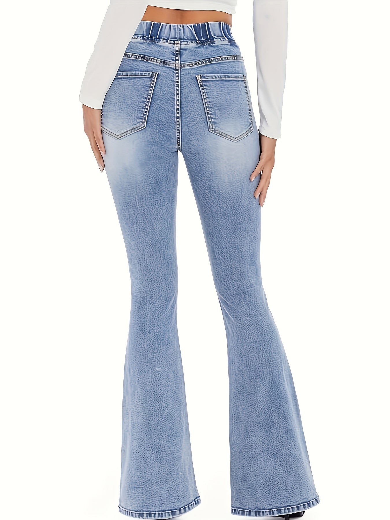 Women's Light Wash Blue High-Waisted Flare Jeans with Elastic Waistband and Stretch Denim