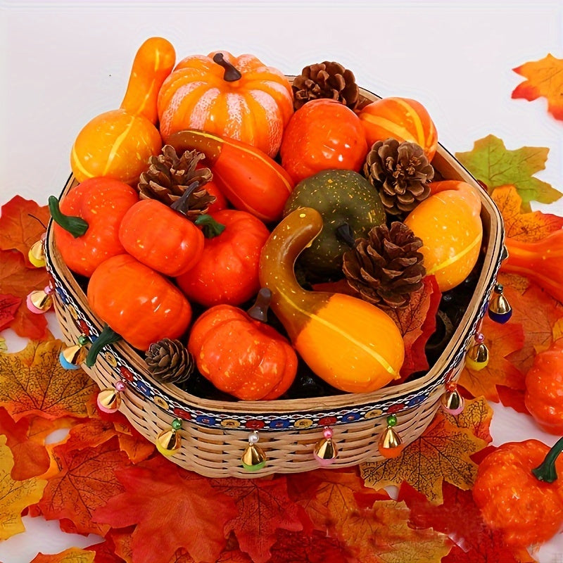 Set de decoración de otoño de 48 piezas con calabazas artificiales, calabazas, bellotas, hojas de arce, piñas para Acción de Gracias, Halloween, bodas