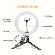 25.4cm USB LED Ring Light with Adjustable Color Temperature, 120 LEDs, Tripod and Phone Holder for Video Streaming and Photography