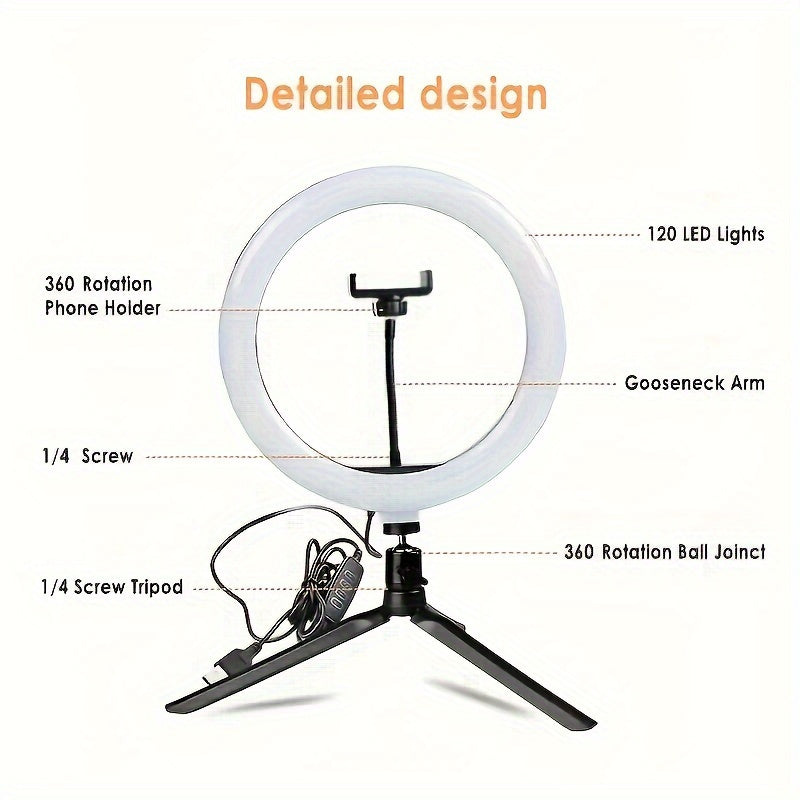 25.4cm USB LED Ring Light with Adjustable Color Temperature, 120 LEDs, Tripod and Phone Holder for Video Streaming and Photography