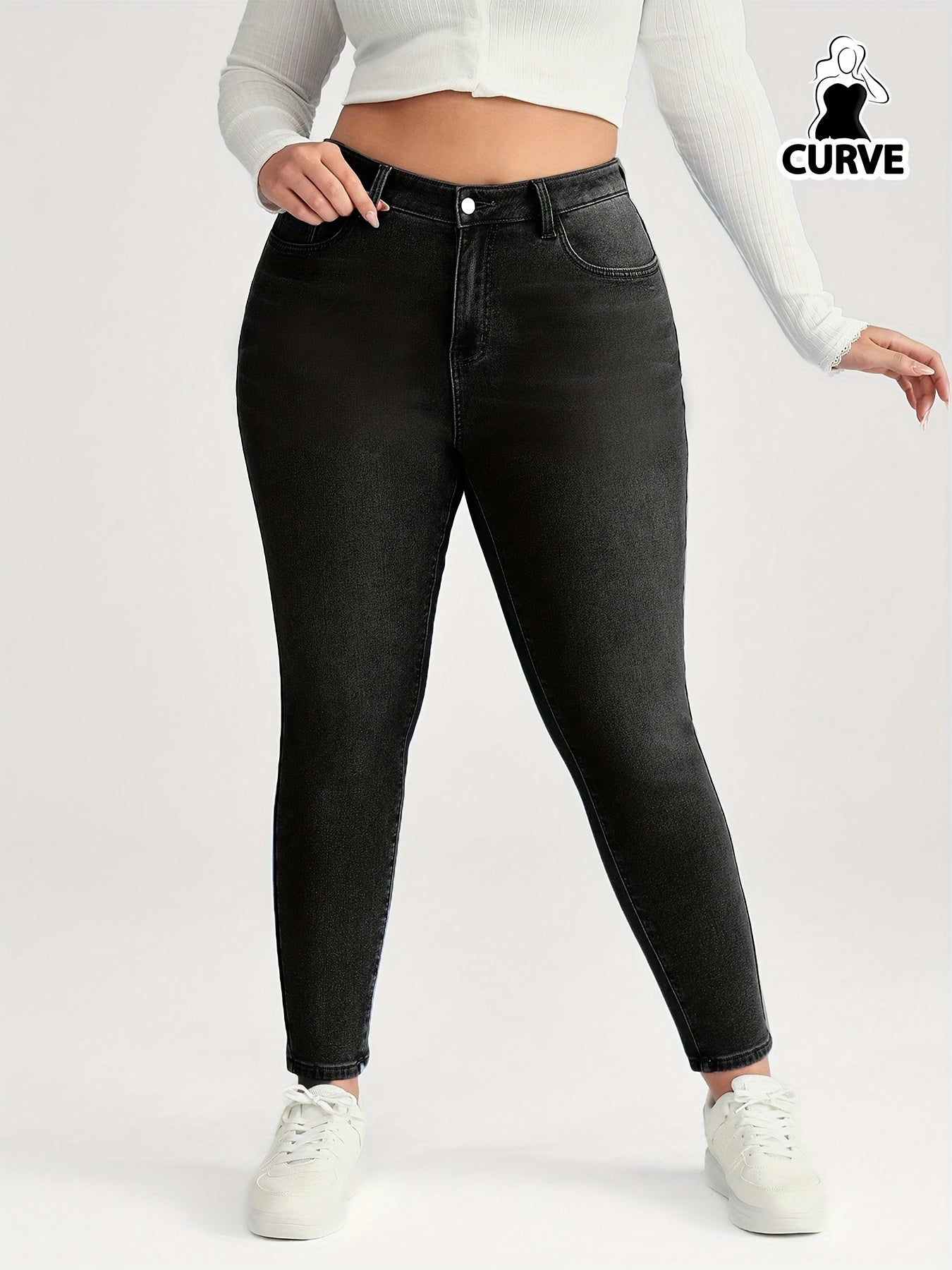 Ayollar uchun yuqori belli elastik skinny jinsilar, qora, kundalik denim