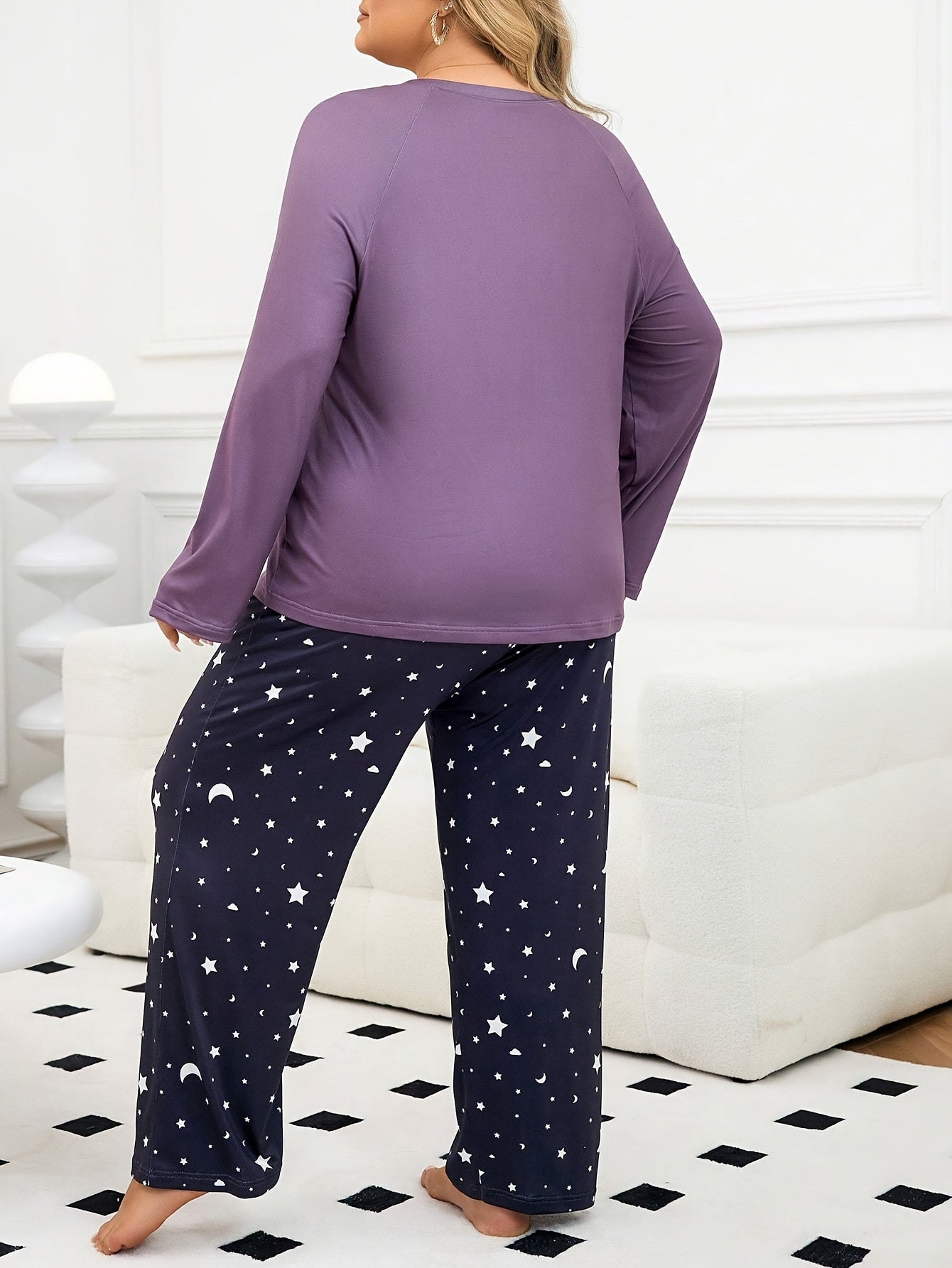 Purple Moon Pattern Pajama Set for Adults Long-Sleeved Pants Casual Comfortable