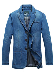 Men's Denim Blazer Casual Long Sleeve Single Breasted Lapel Patch Solid Color Loose Fit