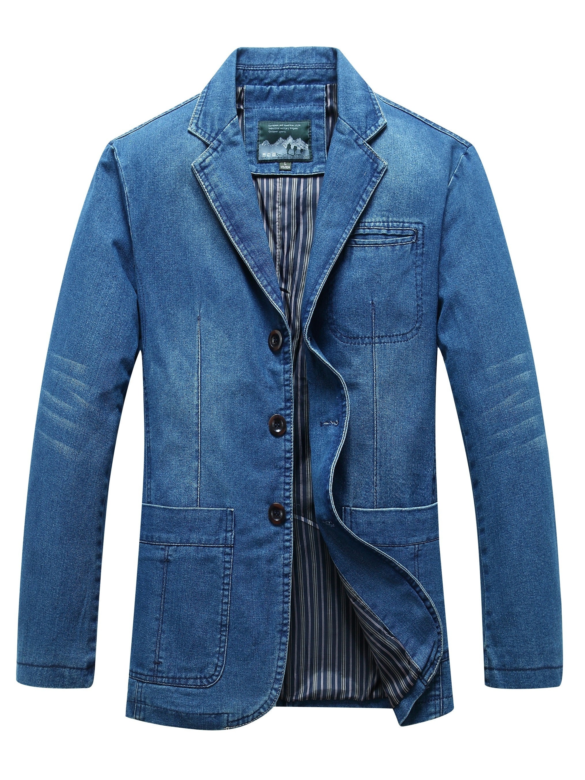 Men's Denim Blazer Casual Long Sleeve Single Breasted Lapel Patch Solid Color Loose Fit