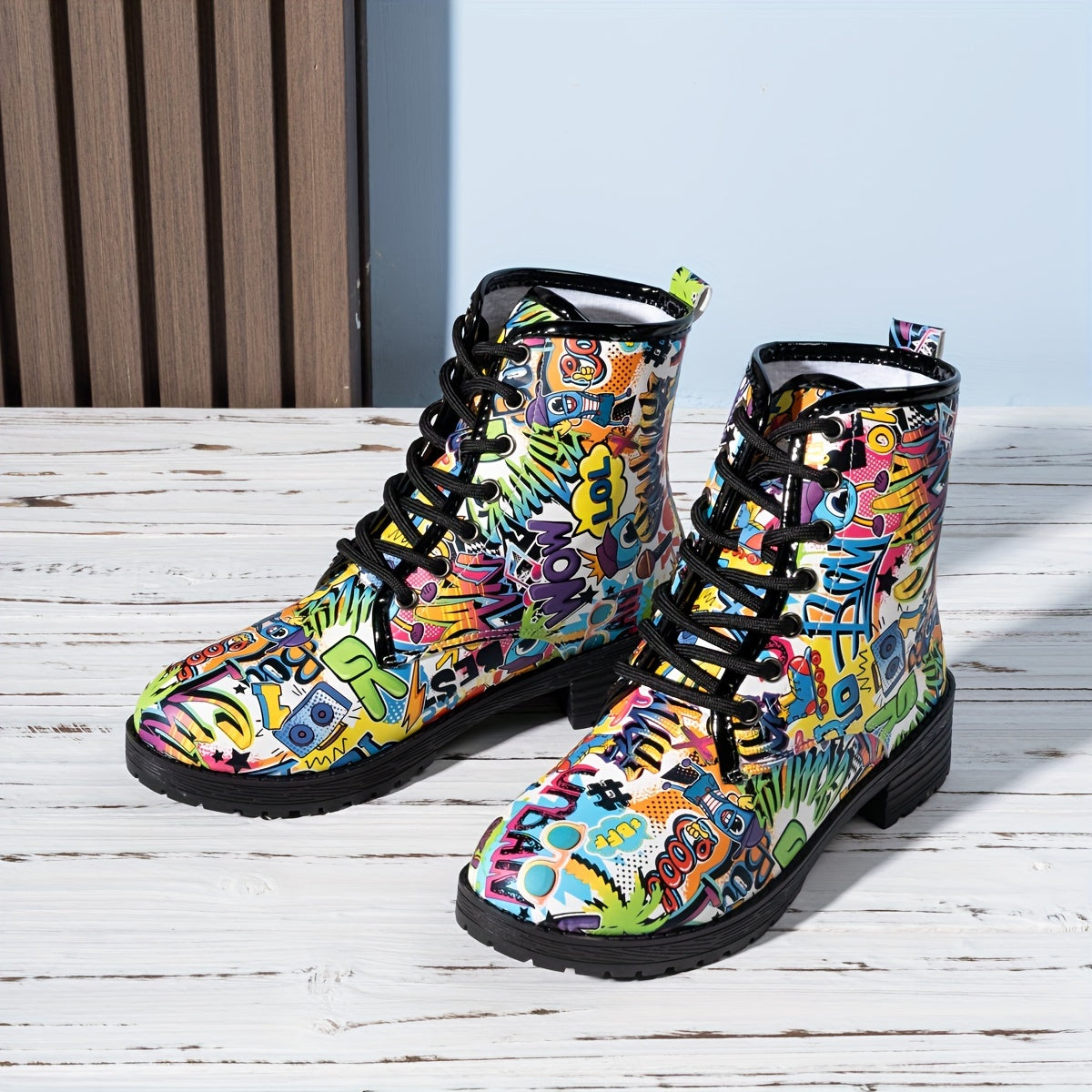 Women's Floral Pattern Lace-Up Casual Boots with Soft Sole and Round Toe