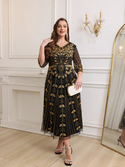 Women's Black Gold Sequin Beaded Evening Dress V-Neck Half-Sleeve