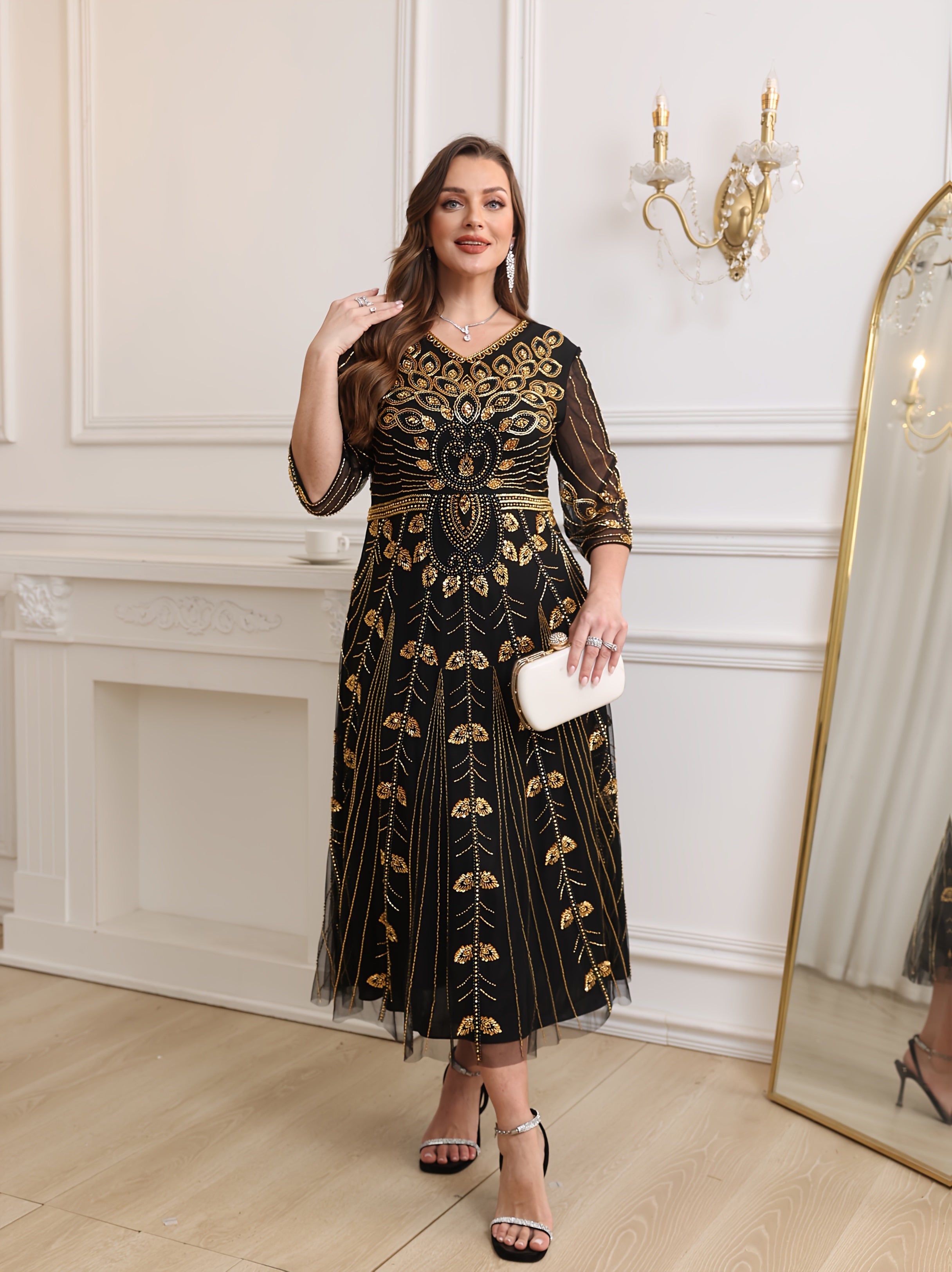 Women's Black Gold Sequin Beaded Evening Dress V-Neck Half-Sleeve