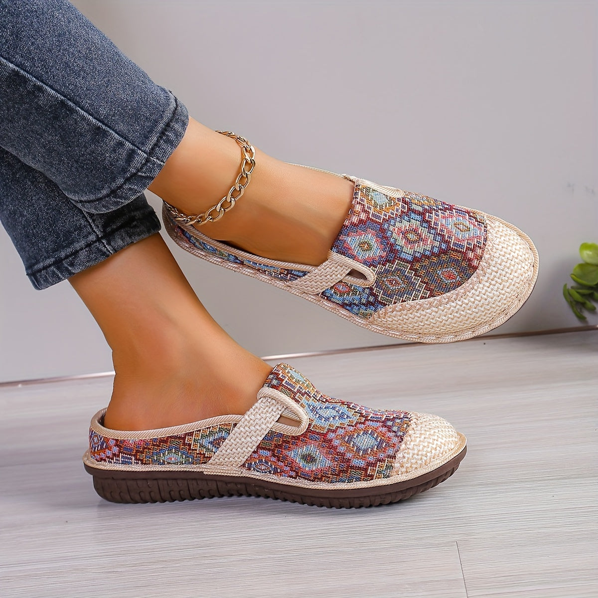 Women's Geometric Linen Mules with Round Toe Non-slip Flat Shoes