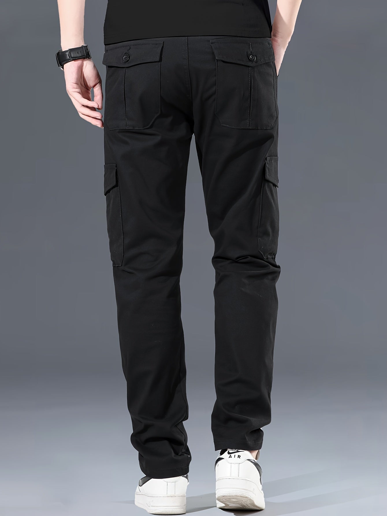 Erkaklar uchun paxta yuk shimlari, 97% paxta va 3% spandeks aralashmasi, bir xil rang, oddiy kesim, fermuarli, bir nechta cho'ntaklar, har mavsumda kiyish uchun.