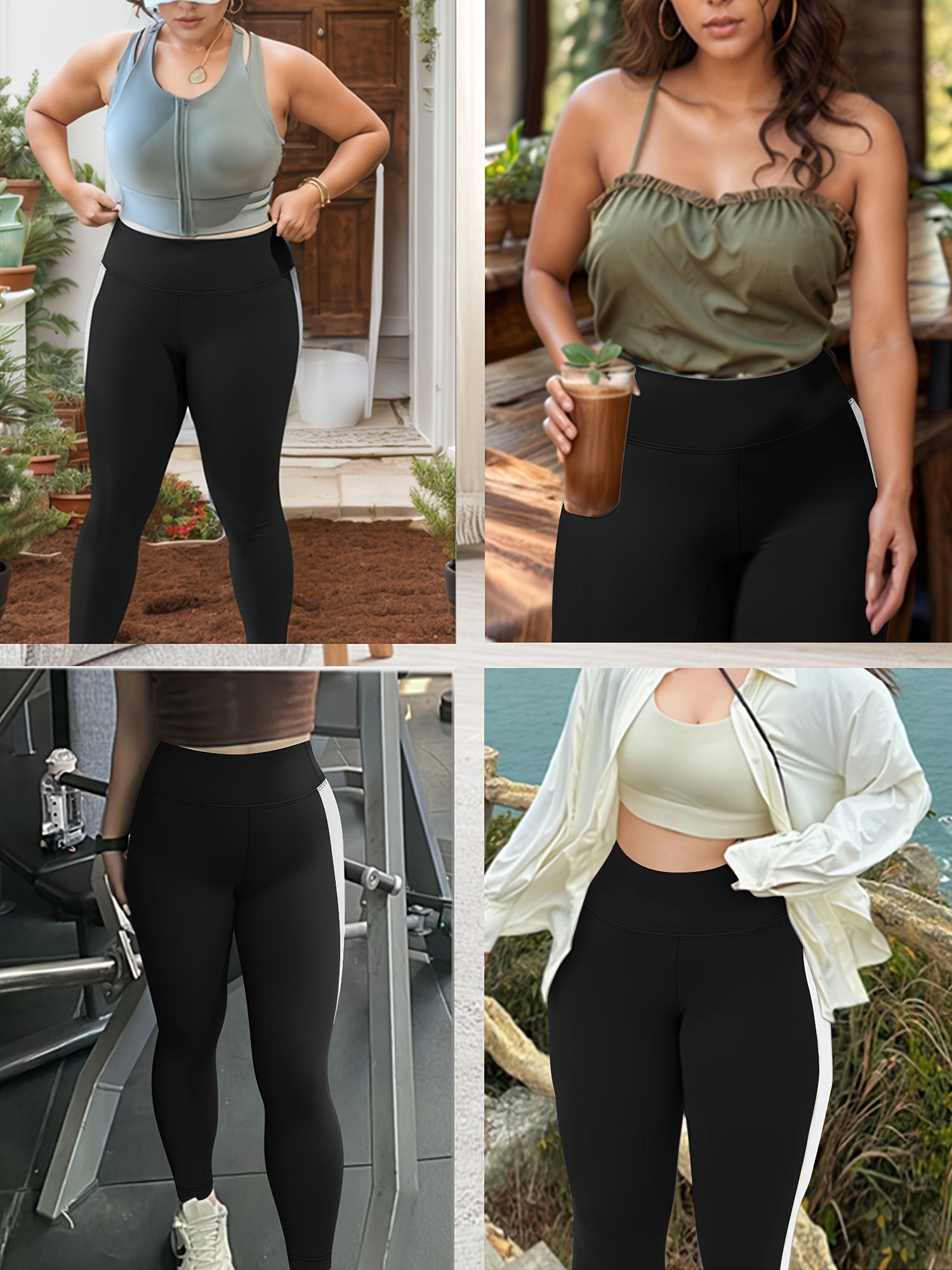 Plus Size High-Waisted 7/8 Leggings Black White Color-Block All-Season Non-See-Through