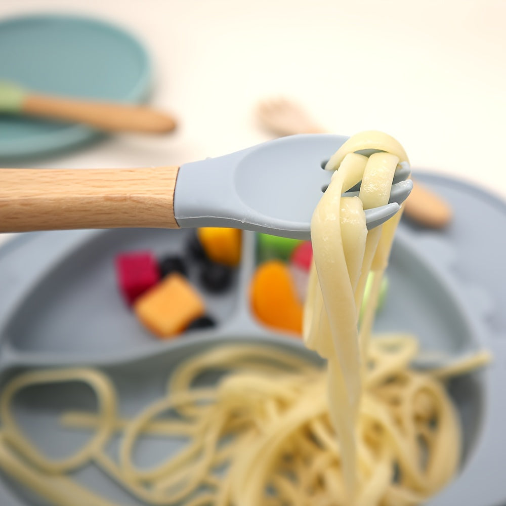 Juego de 2 conjuntos de alimentación para niños con cucharas de silicona y mangos de madera en colores mezclados