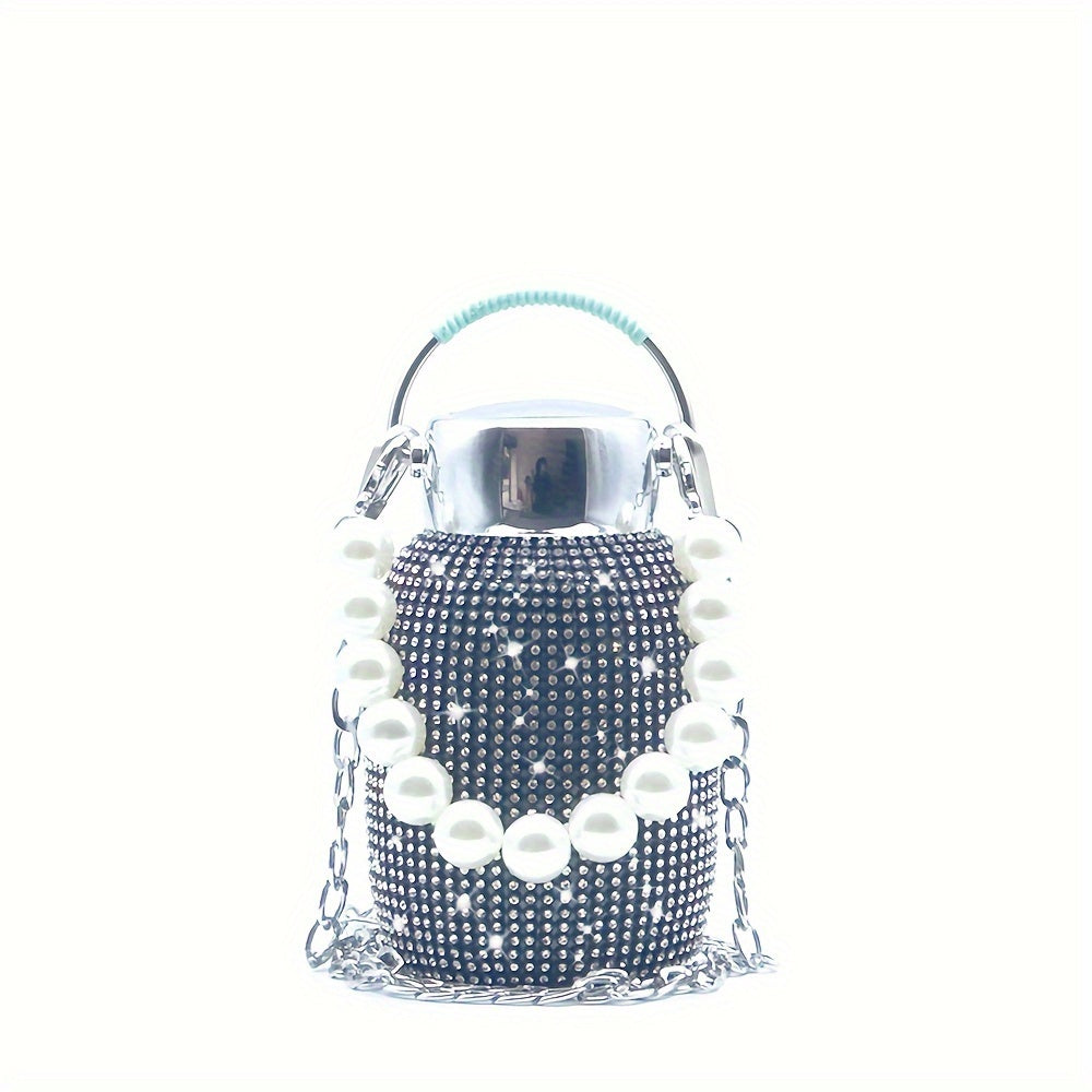 Double Layer Stainless Steel Water Bottle 260ml 8.8oz with Rhinestones for Hot Cold Drinks