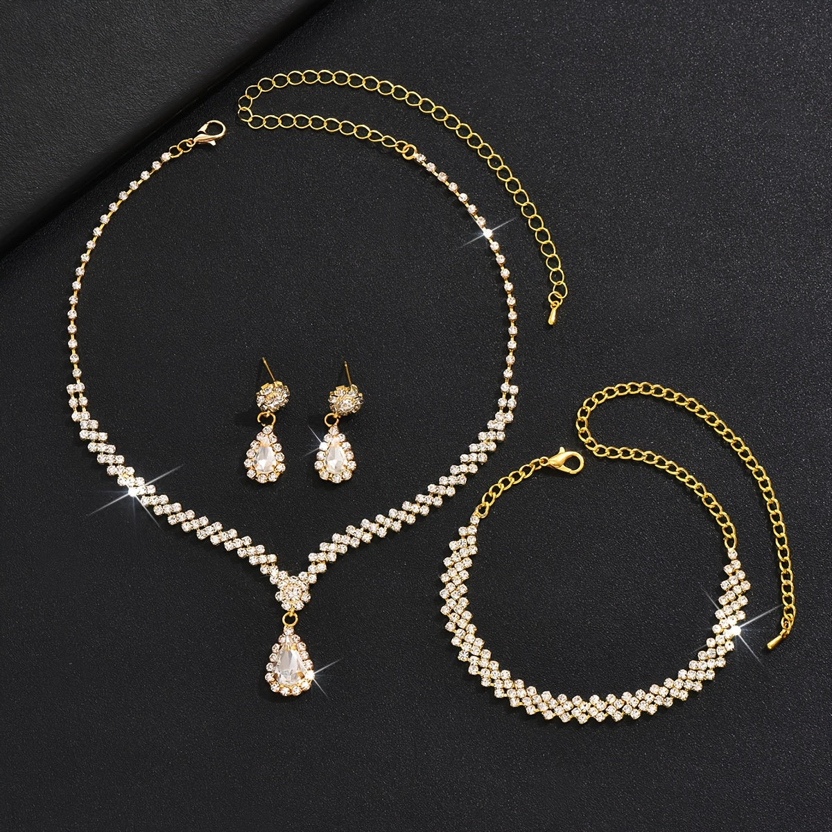 Trendy Female Wedding Jewelry Set Dangle Earrings Necklace Bracelet Water Drop Rhinestones