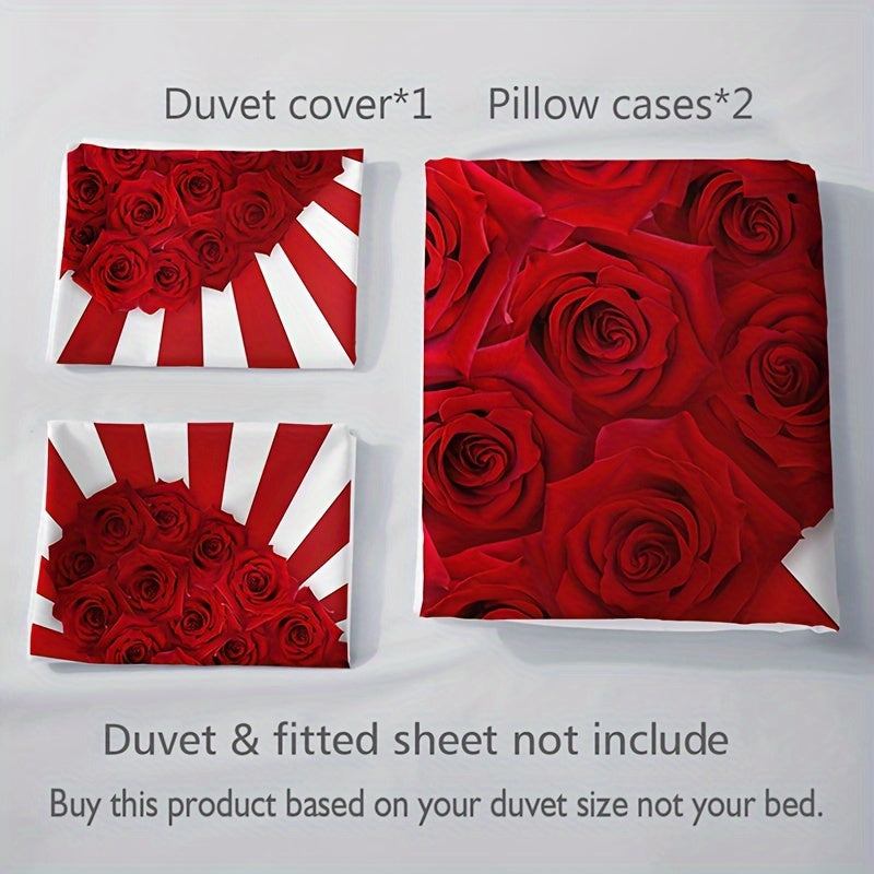 Red and White Rose Floral Print Bedding Set 3 Pieces Duvet Cover and Pillowcases