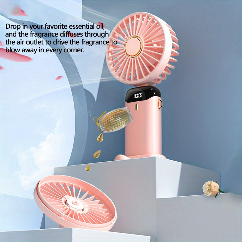 Rechargeable Pink Handheld Fan with 5-Speed LED Display, Portable and Foldable
