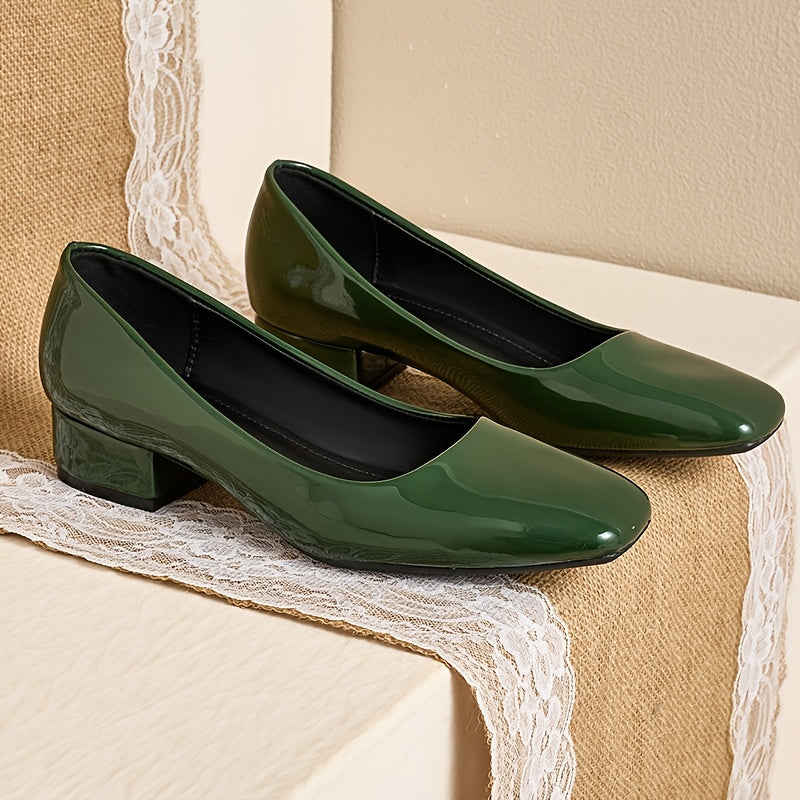 Women's Green Square Toe Mary Jane Pumps Breathable Synthetic Low Block Heel Dress Shoes