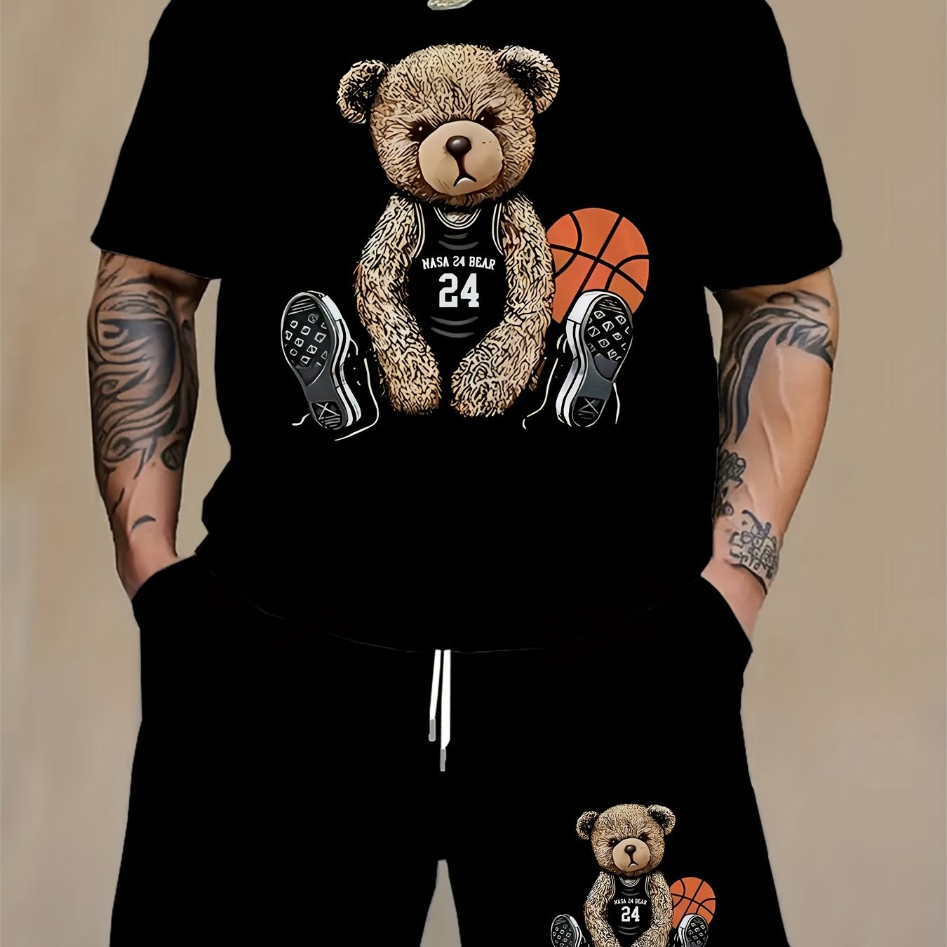 Plus Size Men's Bear Graphic T-Shirt and Shorts Set for Summer Outdoor Sports