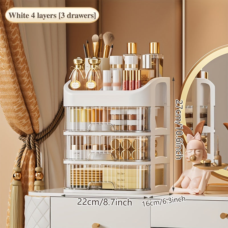 Go'zal plastik saqlash qutisi, makiyaj, zargarlik buyumlari va ish stoli buyumlari uchun tortmalar bilan. Suv o'tkazmaydigan va Rojdestvo, Sevgi kuni va Xitoy Yangi yili kabi bayramlarda sovg'a berish uchun mukammal.