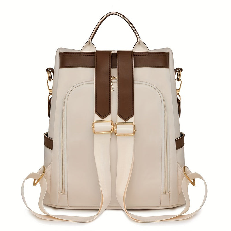 Women's Nylon Anti-Theft Backpack Purse in White and Brown with Adjustable Straps and Large Capacity