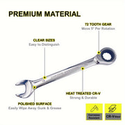 Combination Wrench 8-18mm SAE Metric, 72 Teeth, CR-V Steel, Motorcycle Car Repair